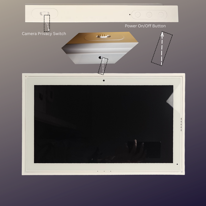 White tablet device with black screen, camera privacy switch, and power on/off button highlighted and labeled TUTT