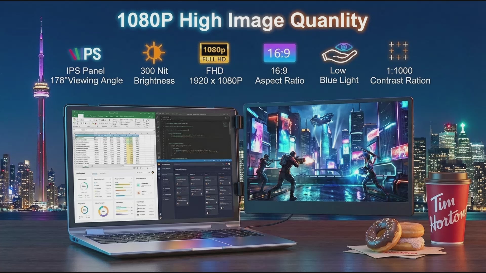 TUTT 14” Laptop Screen Extender – Dual FHD 1080P IPS Portable Monitor for Laptops (13”–17”) P6