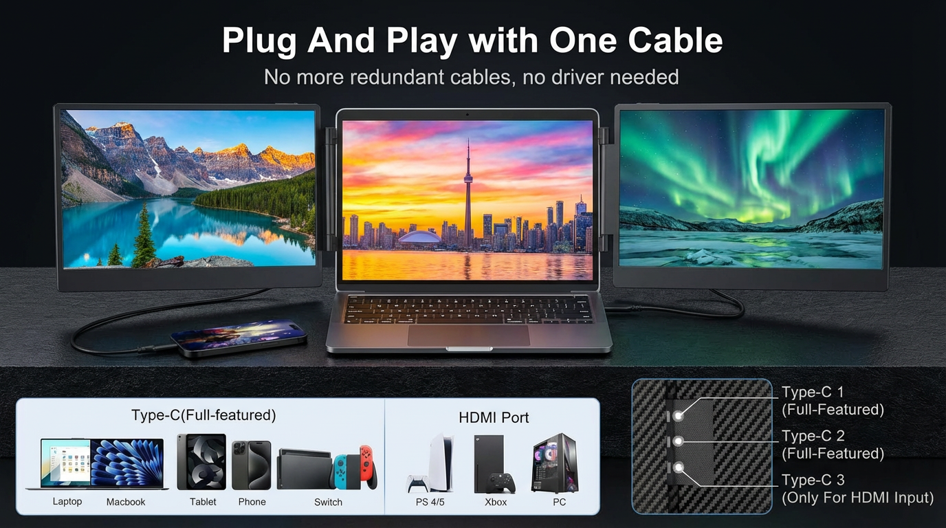 TUTT 14” FHD Portable Monitor – S3 Triple Screen Extender, IPS, Built-in Stand & Speakers