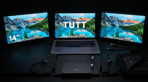 TUTT 14” FHD Portable Monitor – S3 Triple Screen Extender, IPS, Built-in Stand & Speakers | All Devices (H5 Converter Cable Included)