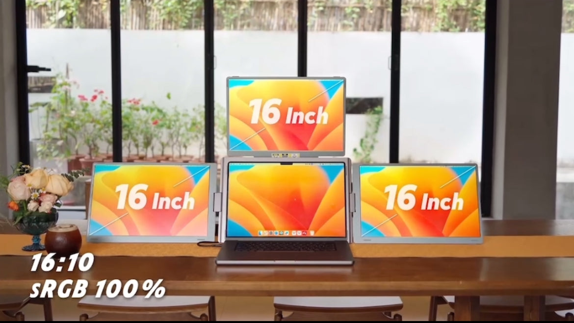 TUTT 16” Triple Screen Portable Monitor For Laptop 12”-18.5” | Single Cable Setup | 16:10 IPS | Quad Screen Extender | Stand-Alone for Mac & Windows S788