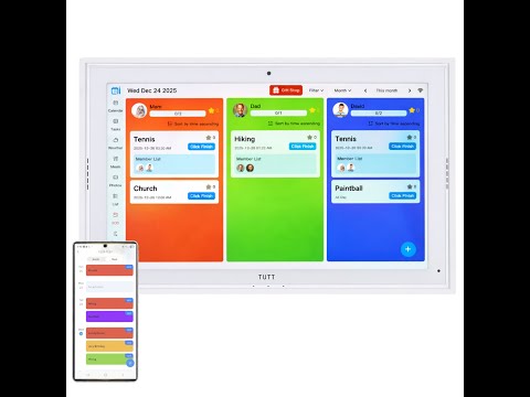TUTT Écran intelligent 15,6" avec calendrier numérique et caméra – Android 14 avec fonction d'appel vidéo | Tableau des tâches | Cadre photo et vidéo numérique lumineux, fixation murale et de bureau