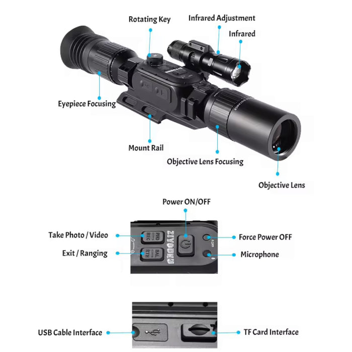 Tactical 3 - 24X Sony 4K Sensor Digital Day and Night Vision Rifle Scope Monocular WiFi iOS & Android with 10W 850nm Infrared Flashlight | By TUTT - TUTT