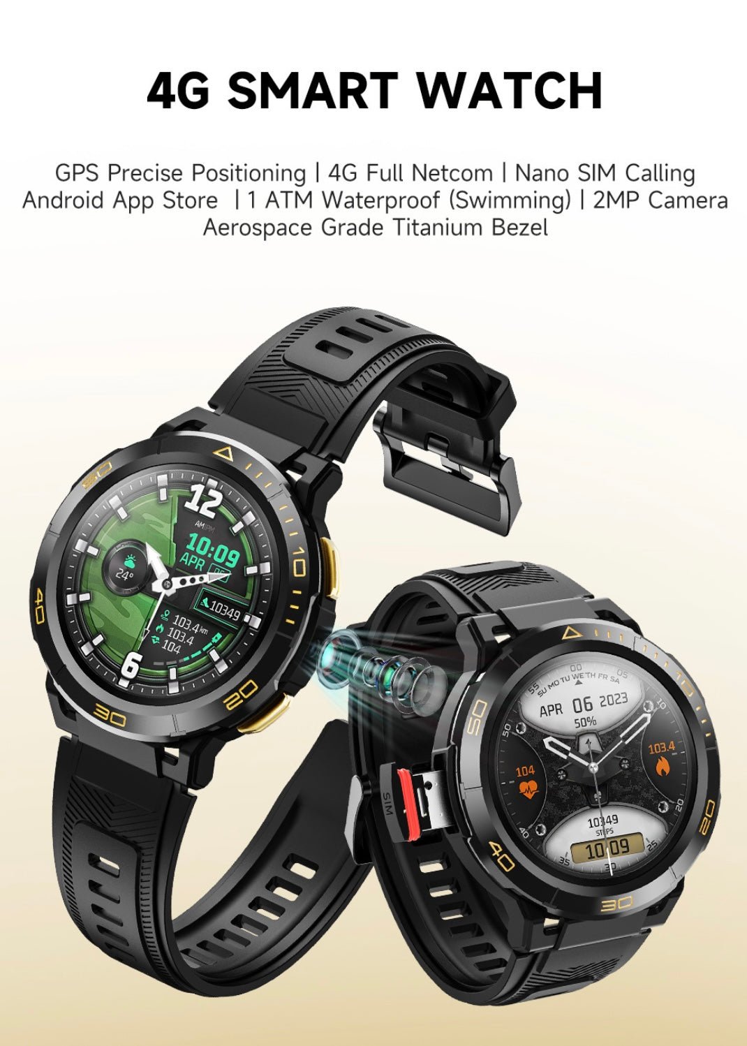 TITT ZL1 Rugged Android AMOLED Smart Watch 4G SIM Card GPS | 2MP HD Camera | IP68 1 ATM | Mega Battery 800 mAh | 2GB - 16GB ROM | Titanium Alloy - TUTT