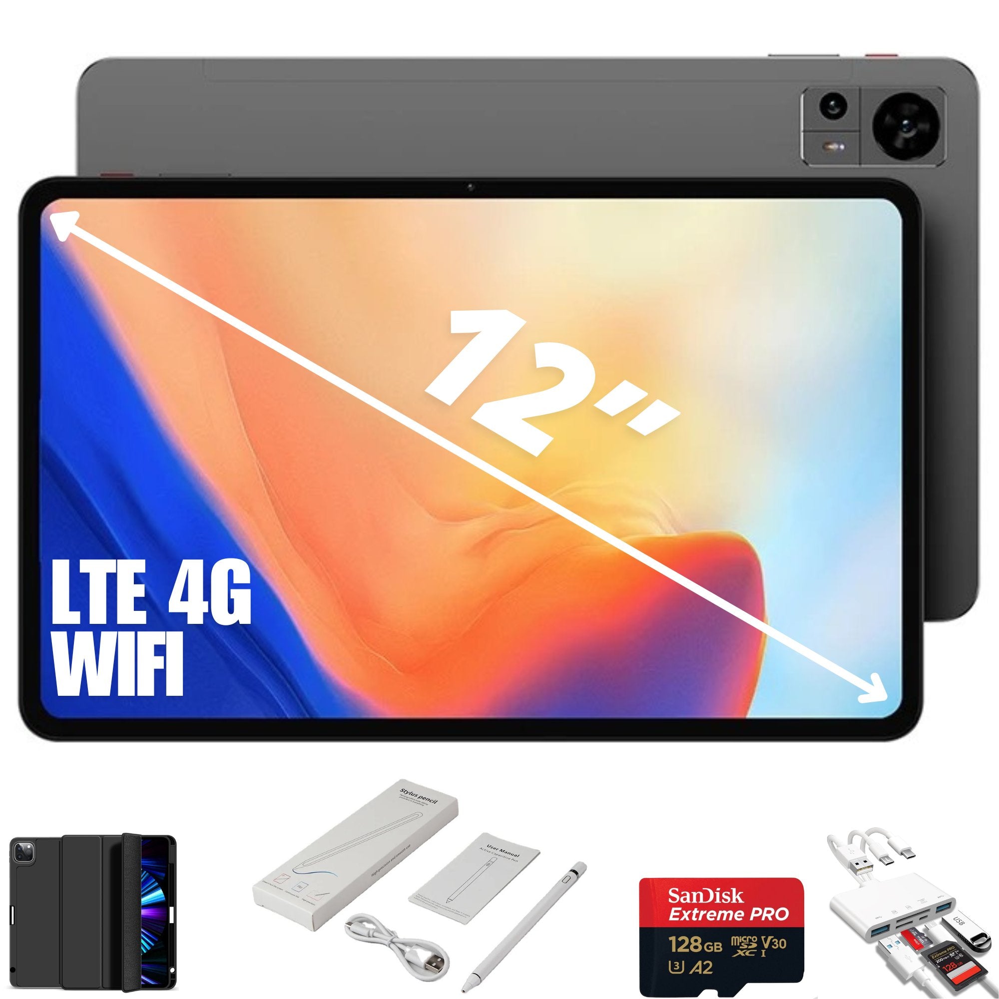 TUTT 12” Tablet LTE 4G SIM Card WiFi FHD Android 14 | Case + Stylus | 128GB Storage + 6GB RAM | Dual Camera 13/5MP | P11 Octa - Core | 128GB SanDisk Pro 5 - in - 1 Kit - TUTT