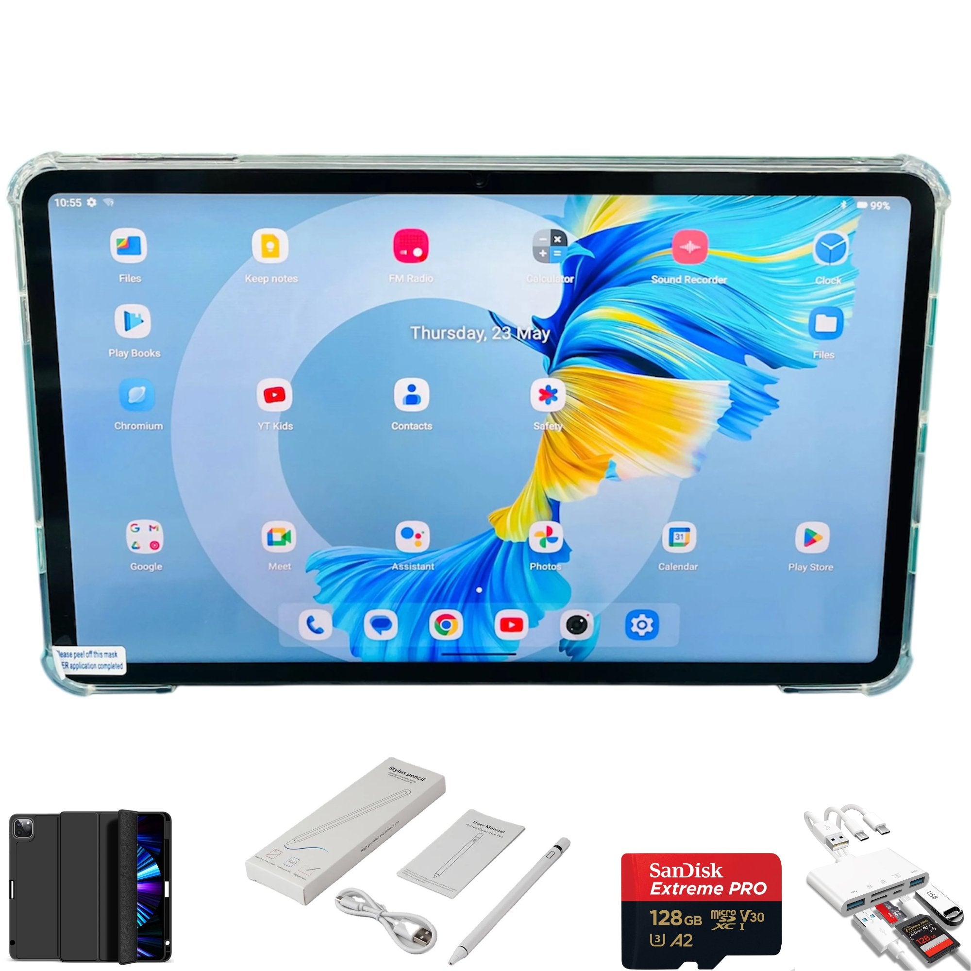 TUTT 12” Tablet LTE 4G SIM Card WiFi FHD Android 14 | Case + Stylus | 128GB Storage + 6GB RAM | Dual Camera 13/5MP | P11 Octa - Core | 128GB SanDisk Pro 5 - in - 1 Kit - TUTT