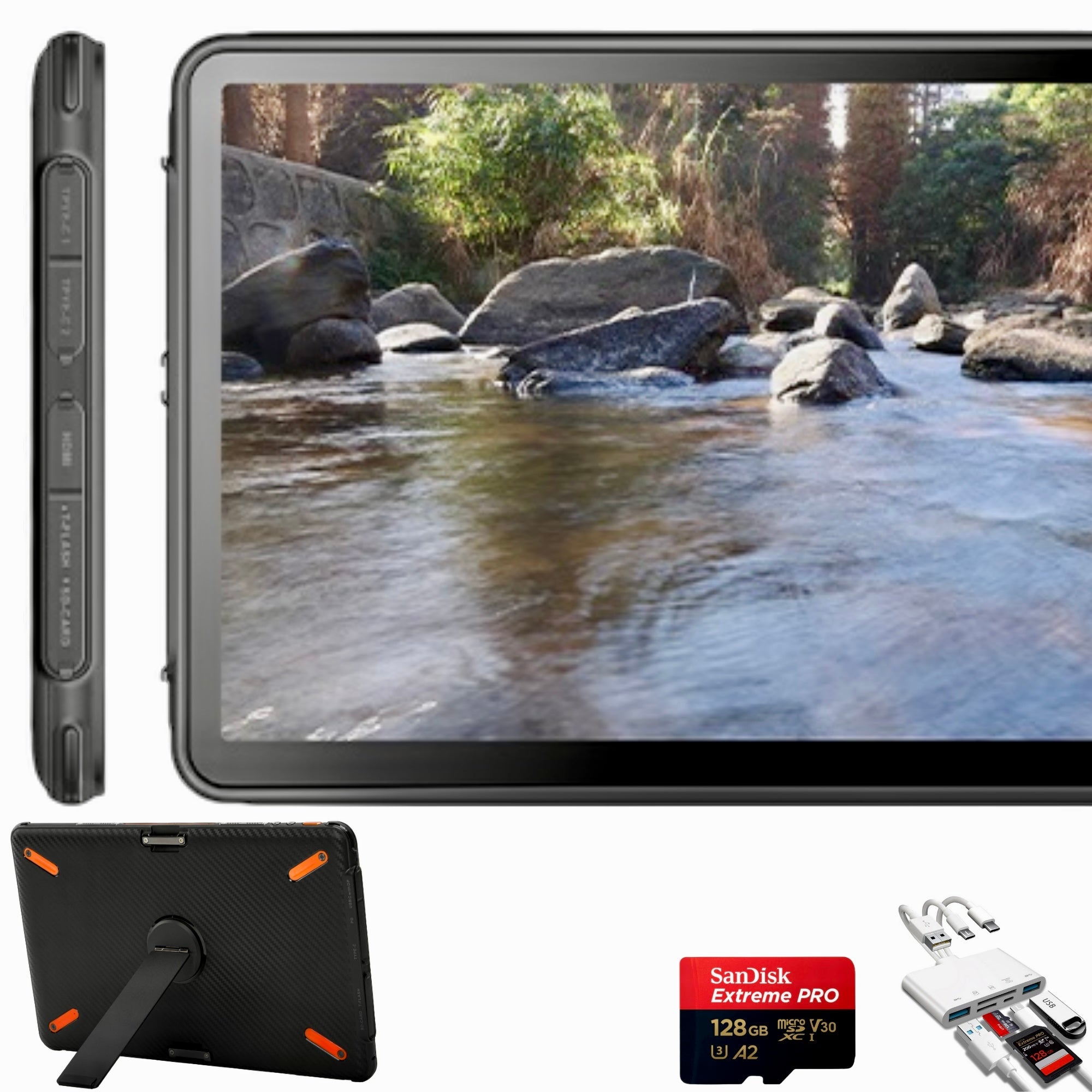 TUTT 12” Touchscreen Rugged Portable Monitor | 5000mAh Battery | Water & Drop Proof | Digital Photo Frame Mode | N1Pro 128GB SanDisk Extreme Pro 200MB/s & Reader Kit - TUTT