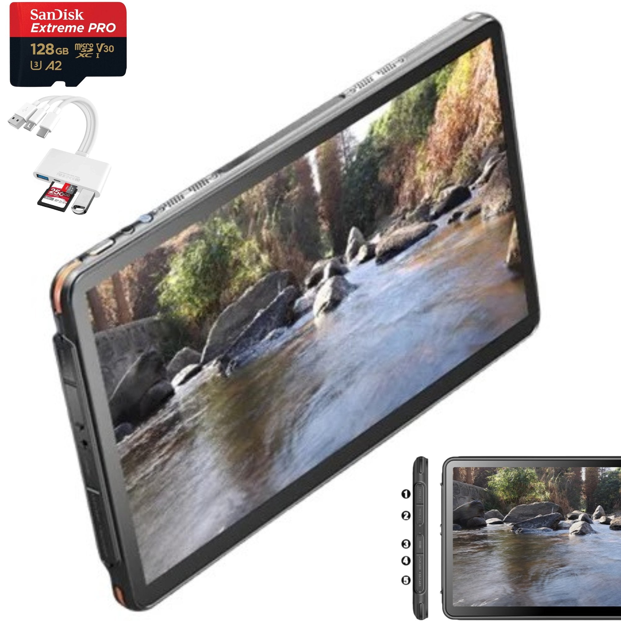 TUTT 12” Touchscreen Rugged Portable Monitor | 5000mAh Battery | Water & Drop Proof | Digital Photo Frame Mode | N1Pro 128GB SanDisk Extreme Pro 200MB/s & Reader Kit - TUTT