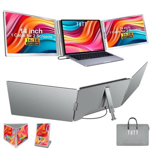 TUTT 14” Dual Portable Laptop Monitor | Single Cable Setup | FHD 1080P Triple Screen Extender | 16:10 | Stand Alone | S688 | 90-Minute Technical Support - TUTT