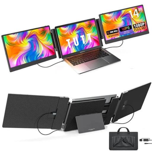 TUTT 14” FHD Dual Portable Laptop Monitor IPS Triple Screen Extender Built-in Stand and Speakers | All Devices Compatible | S3 | Technical Support in 90 Min - TUTT