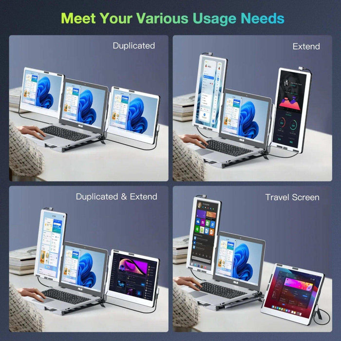TUTT 14'' Portable Dual Laptop Monitor Triple Screen Extender | Laptop Cooling Base | 360° Rotation Stand | F3 for 12-17” Laptop Built-In Speaker | Technical Support Line - TUTT