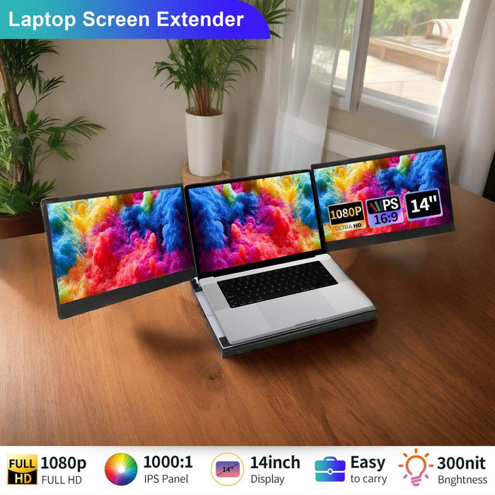 TUTT 14'' Portable Dual Laptop Monitor Triple Screen Extender | Laptop Cooling Base | 360° Rotation Stand | F3 for 12-17” Laptop Built-In Speaker | Technical Support Line - TUTT