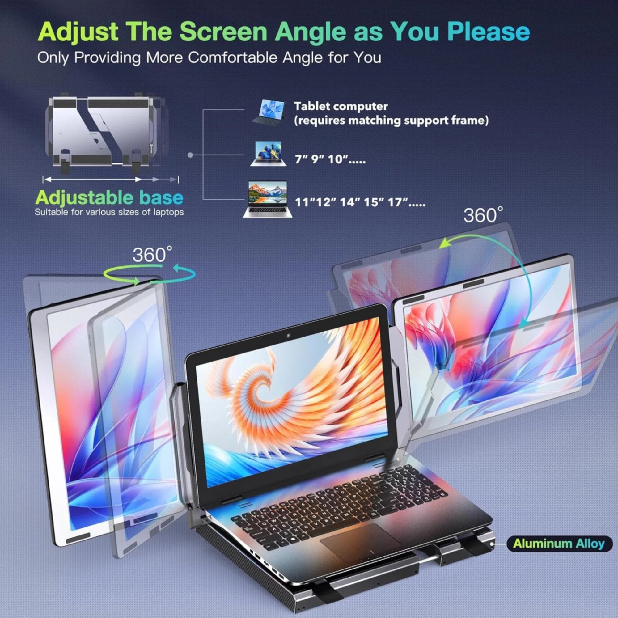 TUTT 14'' Portable Dual Laptop Monitor Triple Screen Extender | Laptop Cooling Base | 360° Rotation Stand | F3 for 12 - 17” Laptop Built - In Speaker | Technical Support Line - TUTT