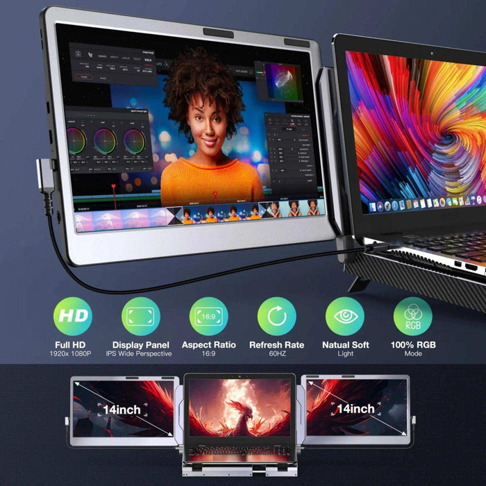 TUTT 14'' Portable Dual Laptop Monitor Triple Screen Extender | Laptop Cooling Base | 360° Rotation Stand | F3 for 12-17” Laptop Built-In Speaker | Technical Support Line - TUTT