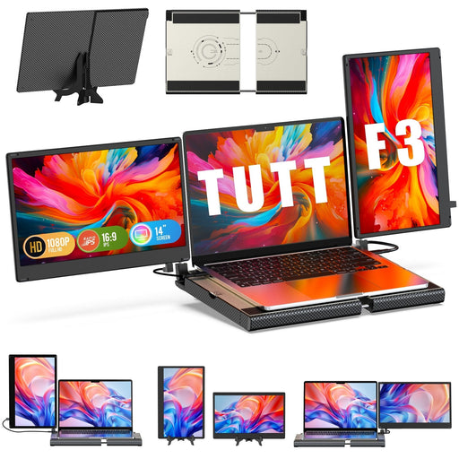 TUTT 14'' Portable Dual Laptop Monitor Triple Screen Extender | Laptop Cooling Base | 360° Rotation Stand | F3 for 12-17” Laptop Built-In Speaker | Technical Support Line - TUTT