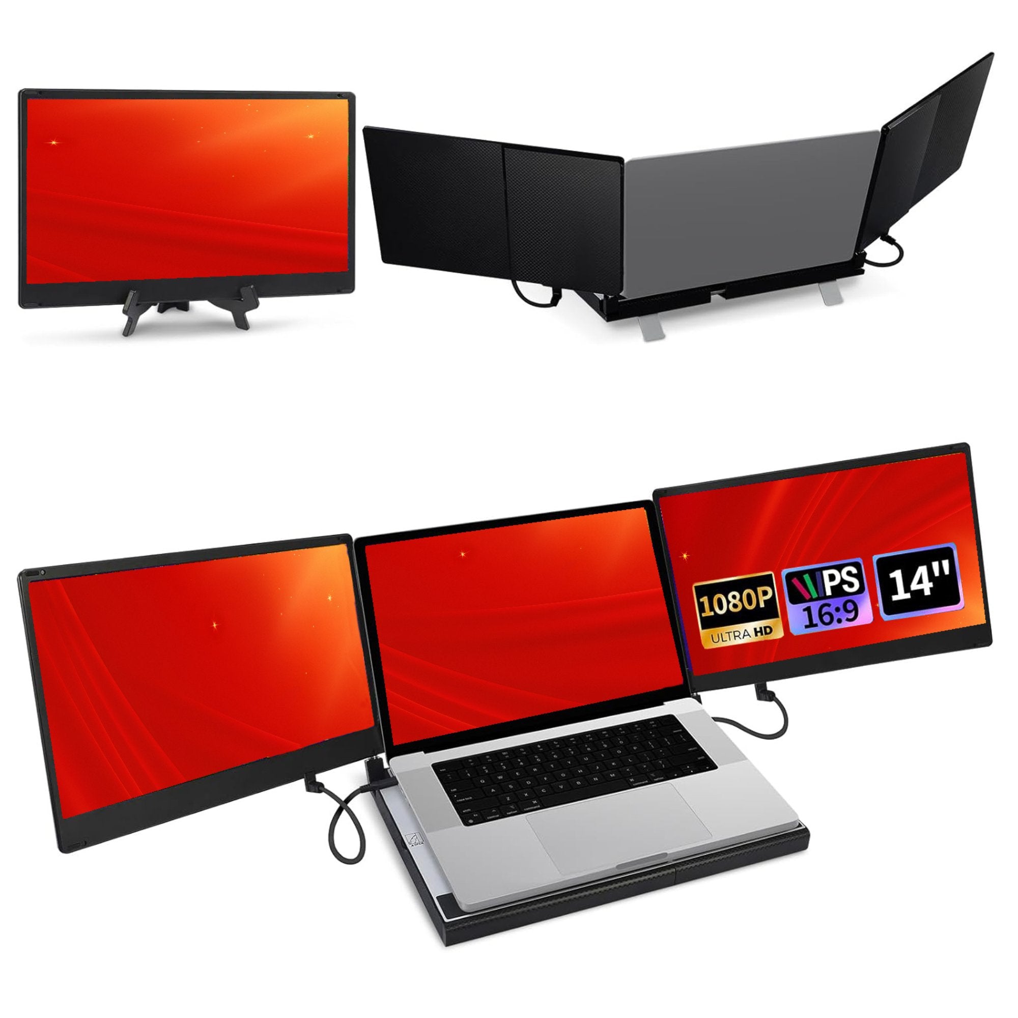 TUTT 14'' Portable Dual Laptop Monitor Triple Screen Extender | Laptop Cooling Base | 360° Rotation Stand | F3 for 12 - 17” Laptop Built - In Speaker | Technical Support Line - TUTT