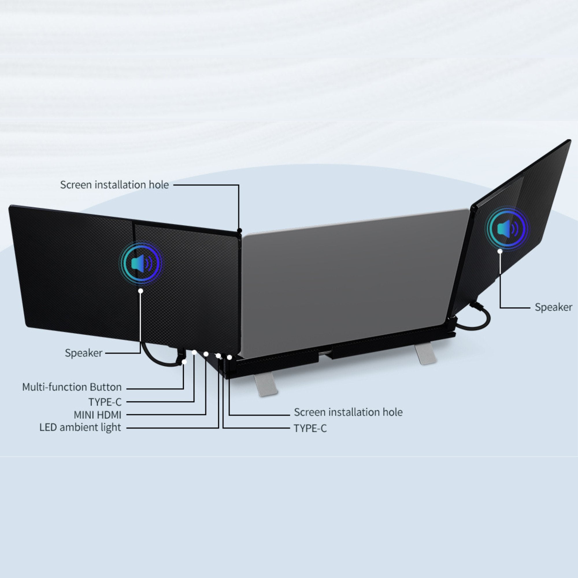 TUTT 14'' Portable Dual Laptop Monitor Triple Screen Extender | Laptop Cooling Base | 360° Rotation Stand | F3 for 12 - 17” Laptop Built - In Speaker | Technical Support Line - TUTT