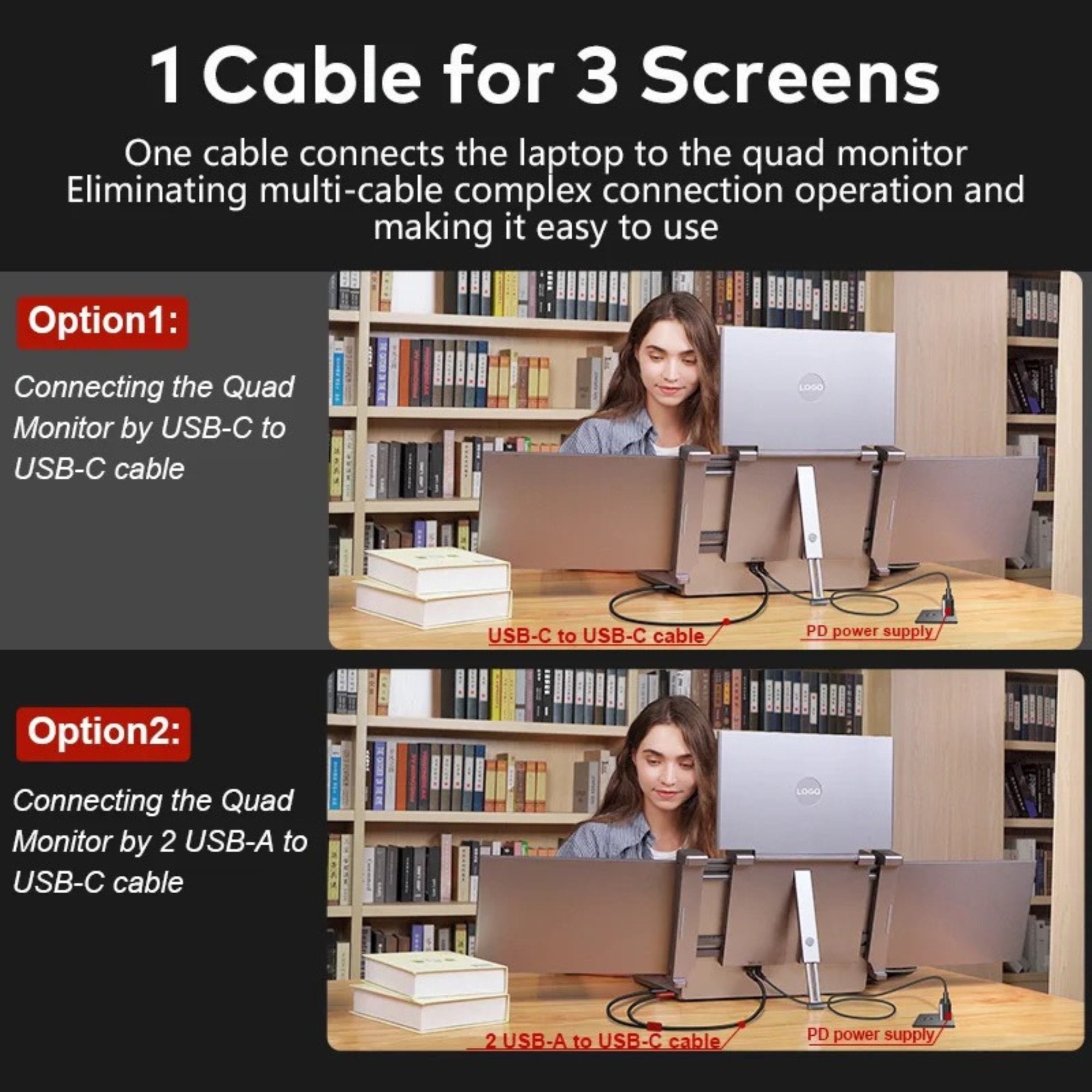 TUTT 14” Triple Portable Laptop Monitor | Single Cable Setup | FHD 1080P Quad Screen Extender | S680 | 90 - Minute Technical Support - TUTT