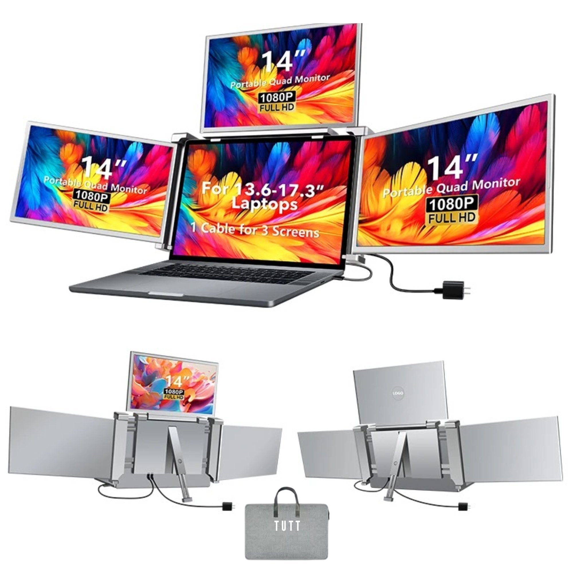 TUTT 14” Triple Portable Laptop Monitor | Single Cable Setup | FHD 1080P Quad Screen Extender | S680 | 90 - Minute Technical Support - TUTT