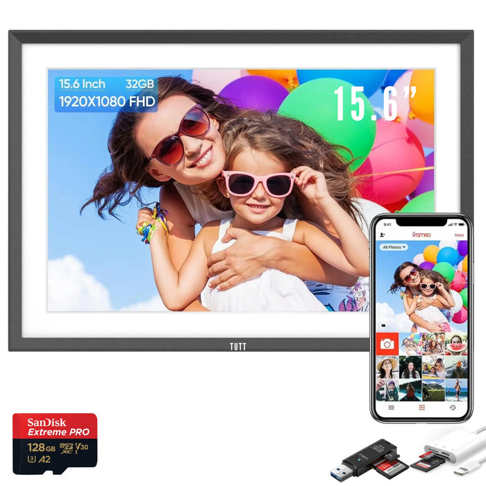 TUTT 15.6” Digital Photo Frame Smart WiFi IPS Touch Screen | 32GB Storage | Frameo App | 128 GB Additional Micro SD and Reader Kit | Tabletop or Wall - Mounted | Gift Idea - TUTT