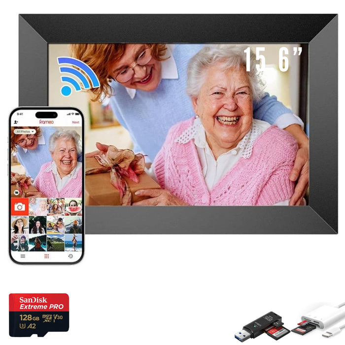 TUTT 15.6” Digital Photo Frame Smart WiFi IPS Touch Screen | 32GB Storage | Frameo App | 128 GB Additional Micro SD and Reader Kit | Tabletop or Wall - Mounted | Gift Idea - TUTT