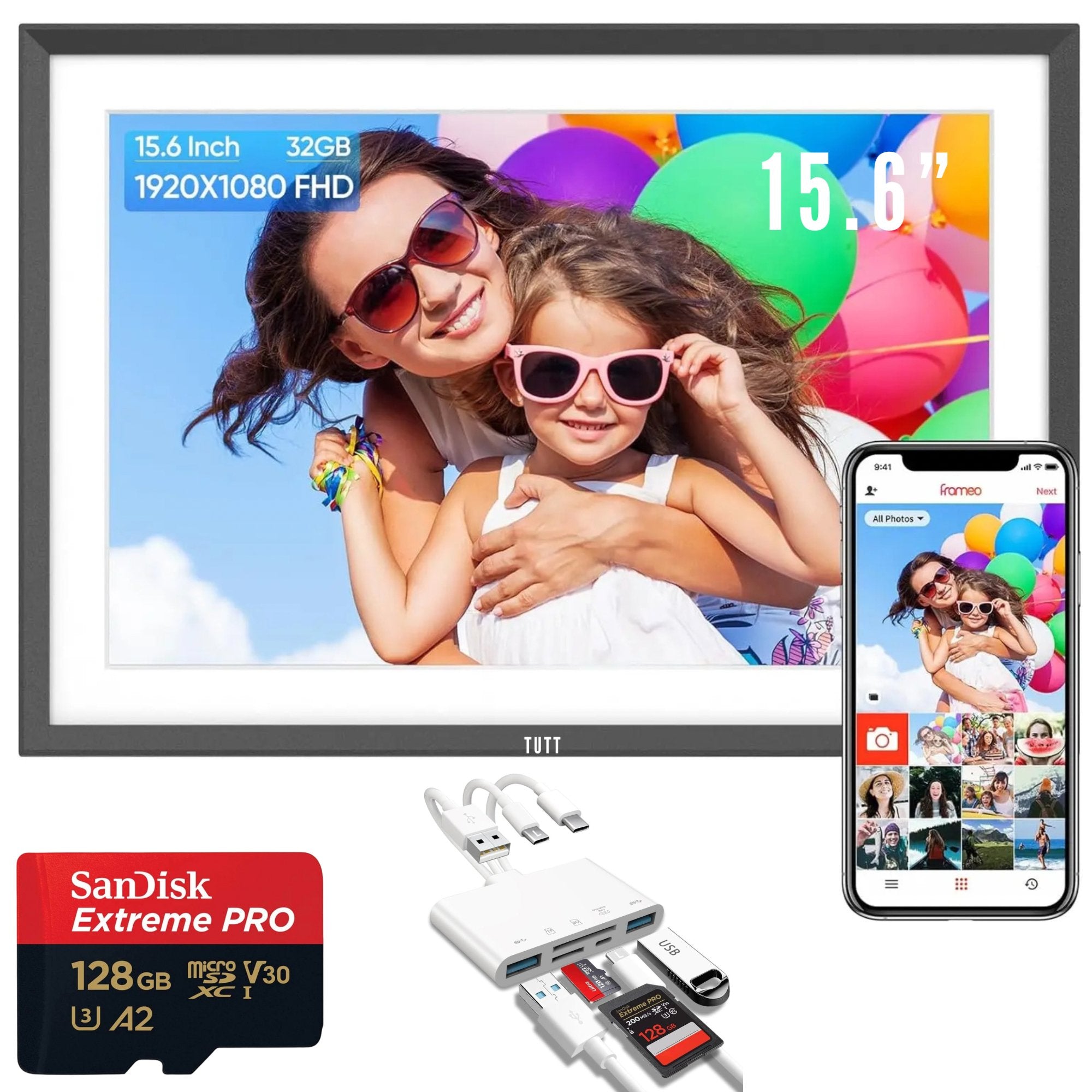 TUTT 15.6” Digital Photo Frame Smart WiFi IPS Touch Screen | 32GB Storage | Frameo App | 128 GB Additional Micro SD and Reader Kit | Tabletop or Wall - Mounted | Gift Idea - TUTT