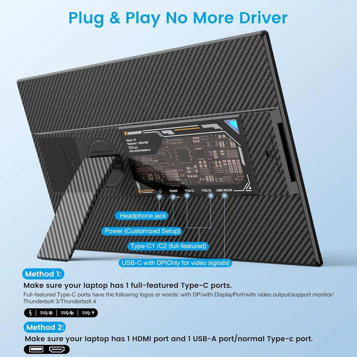 TUTT 15.6” FHD Portable Monitor – IPS, Dual Screen Extender, USB-C & HDMI, Built-in Speakers, P5 Upgraded - TUTT