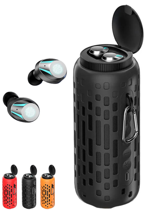 TUTT 2 in 1 Outdoor Waterproof Mini Speaker with Earbuds LED Lighting with Hook | TWS