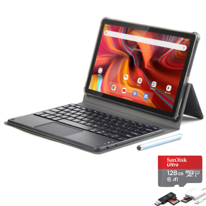 TUTT 2 in 1 Pro 10.1” Tablet LTE 4G SIM card 5G WiFi FHD Android 13 with Keyboard, Case, Stylus, 128GB +12GB RAM, 13/5MP Dual Camera, Octa-Core CPU GPS | 128GB | English-Arabic Key - TUTT