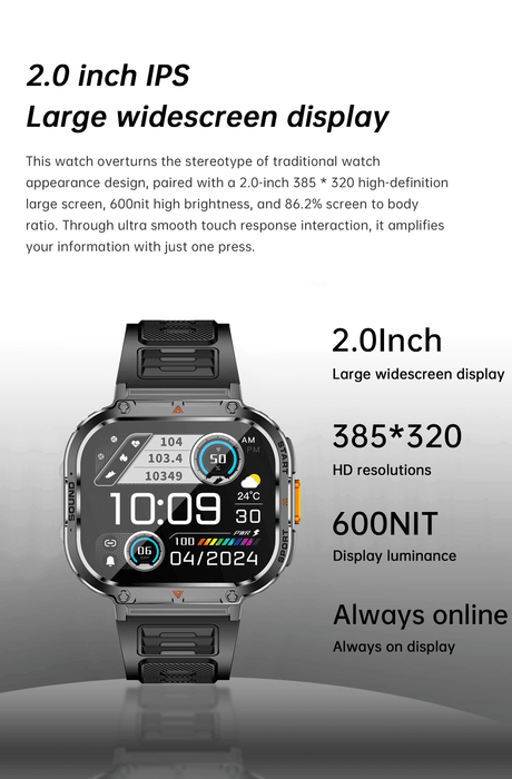 TUTT 2.0" Dial Smart Watch | Rugged Military | Health and Fitness Tracking | Flashlight | NX23 Smartwatches For Men - TUTT