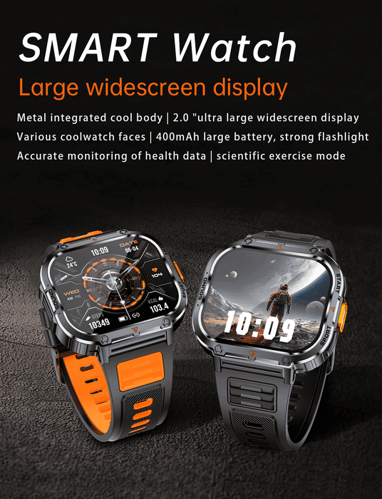 TUTT 2.0" Dial Smart Watch | Rugged Military | Health and Fitness Tracking | Flashlight | NX23 Smartwatches For Men - TUTT
