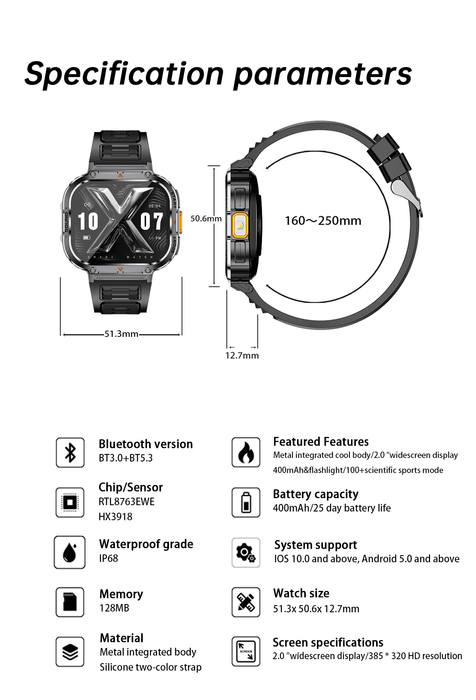 TUTT 2.0" Dial Smart Watch | Rugged Military | Health and Fitness Tracking | Flashlight | NX23 Smartwatches For Men - TUTT