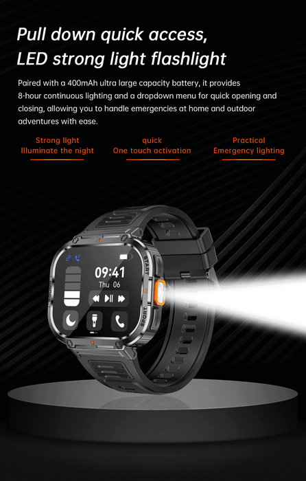 TUTT 2.0" Dial Smart Watch | Rugged Military | Health and Fitness Tracking | Flashlight | NX23 Smartwatches For Men - TUTT