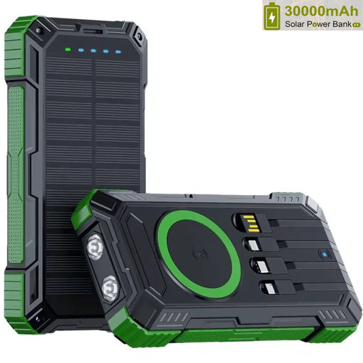 TUTT 30000mAh Portable Rugged Solar-Dual Mode Charging Waterproof Outdoor Power Bank | External Battery 4 Built-In USB Cables | Fast Wireless Charging | 7 Output With Flashlight SOS - TUTT