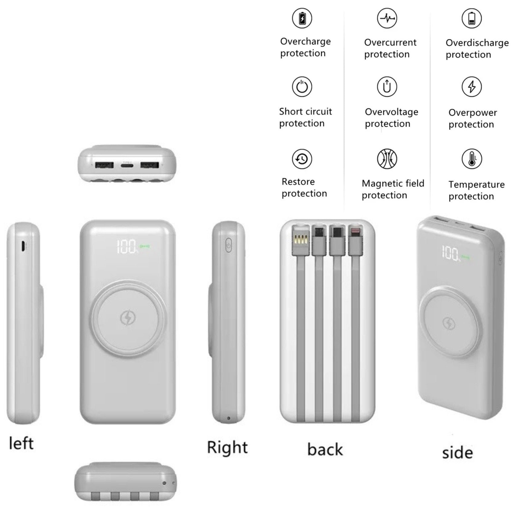 TUTT 30,000mAh Wireless Portable Charger Power Bank with Built-in 4 Cable, 6 Outputs & 3 Inputs