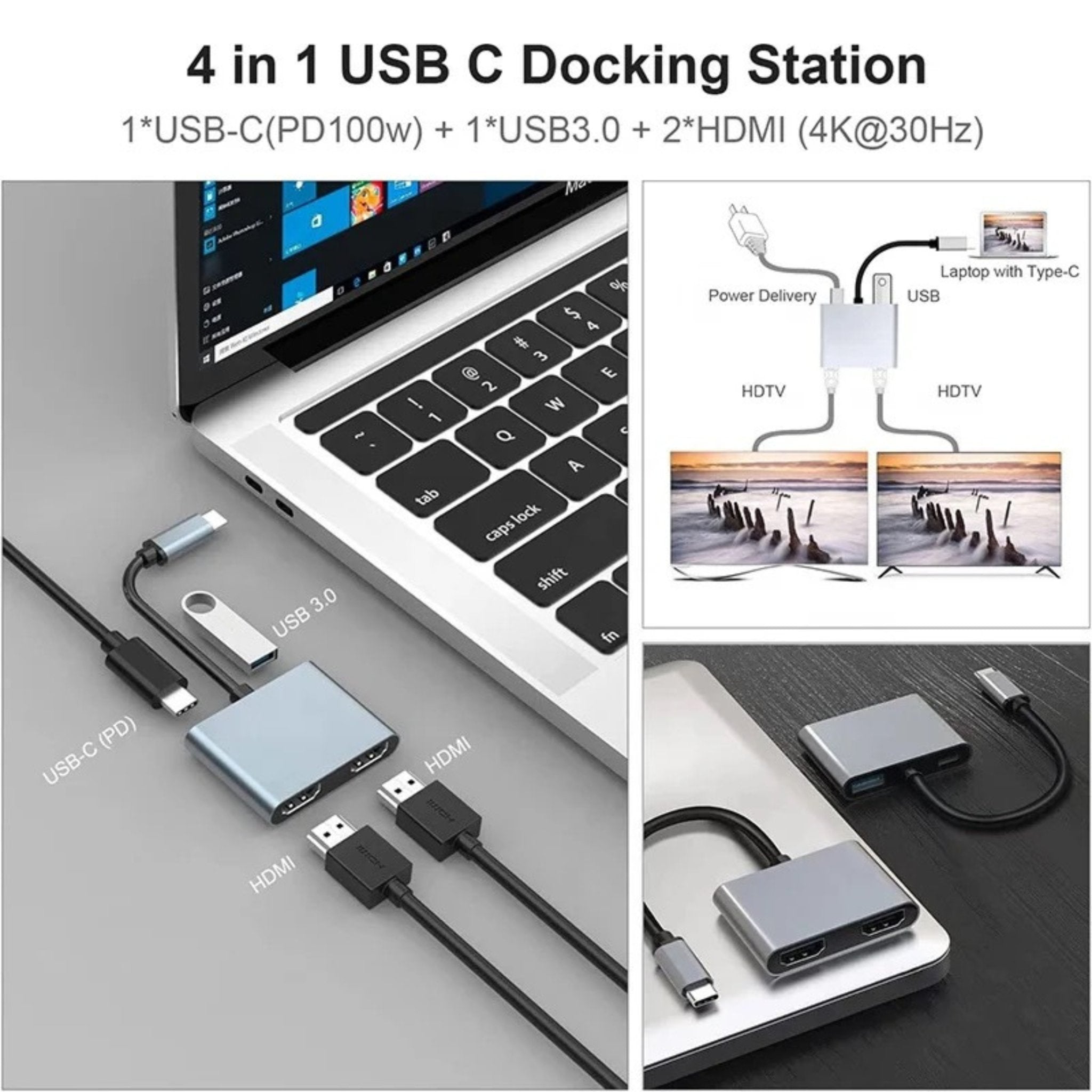 TUTT 4 In 1 4K Dual Monitor HDMI Video Type - C Hub Docking Station USB C To Dual 4K HDMI MST Adapter With 2 HDMI USB 3.0 and PD - TUTT