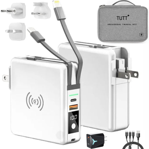 TUTT 4 in 1 Universal Travel Adapter | 10000mah Power Bank | 3 Global Plugs Kit | Wireless Charging | 30W Type - C | 3 in 1 Multi Charging Cable | Carrying Bag EU, UK, USA, Australia - TUTT