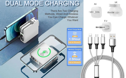 TUTT 4 in 1 Universal Travel Adapter | 10000mah Power Bank | 3 Global Plugs Kit | Wireless Charging | 30W Type - C | 3 in 1 Multi Charging Cable | Carrying Bag EU, UK, USA, Australia - TUTT