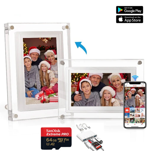 TUTT 7" and 10” Acrylic Digital Photo Frame | WiFi | IPS Touchscreen | 32GB Built - In Storage | Frameo App | SanDisk Extreme PRO® 64GB micro SD Card + Reader Kit - TUTT