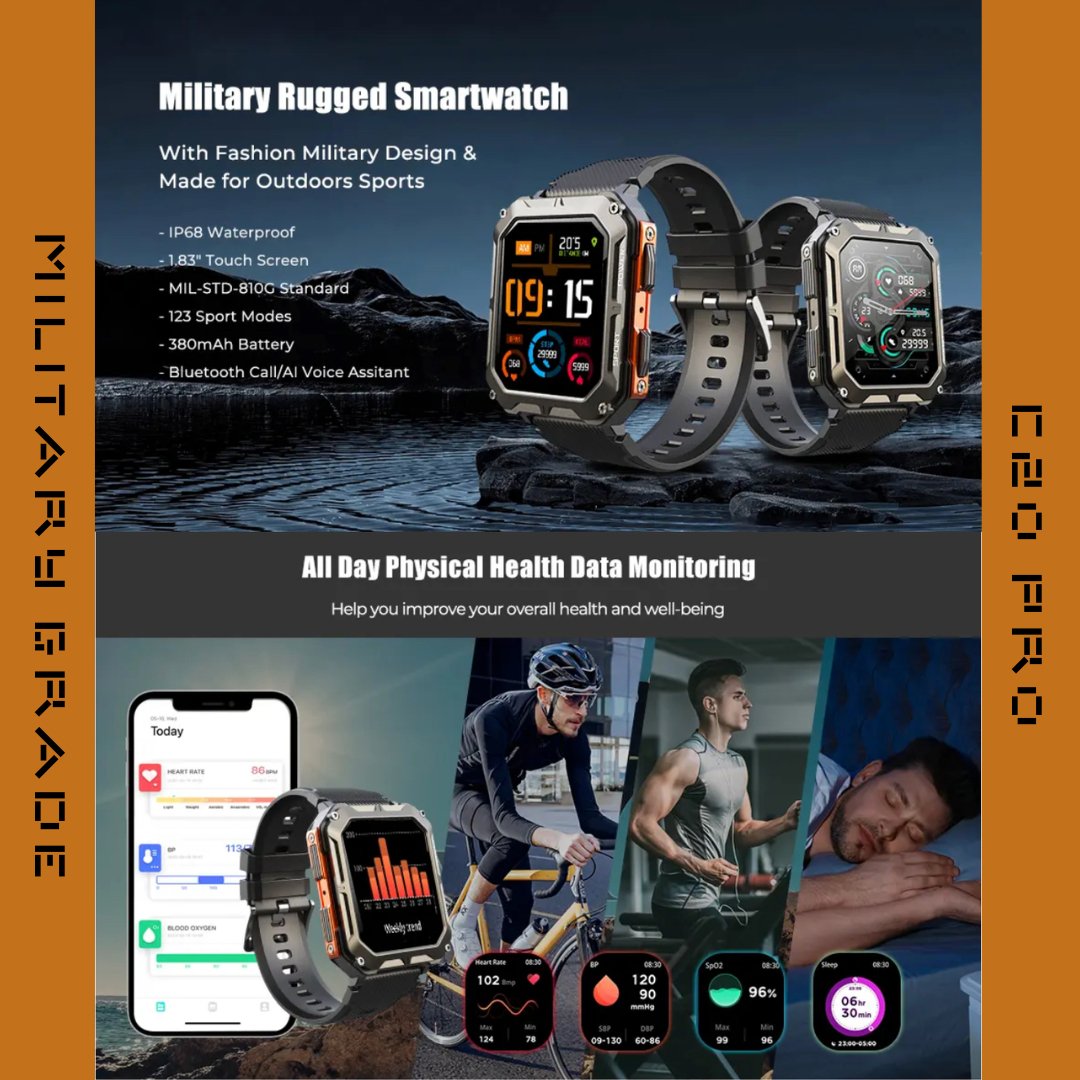 TUTT C20-Pro Men Military Rugged SmartWatch Speaker Pedometer IP68 Waterproof Outdoor 1.83'' HD Tactical Watch