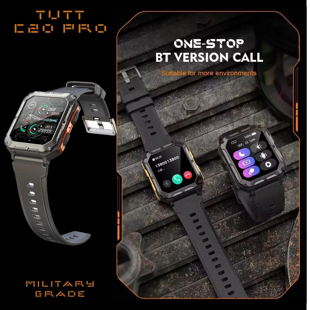 TUTT C20-Pro Men Military Rugged SmartWatch Speaker Pedometer IP68 Waterproof Outdoor 1.83'' HD Tactical Watch