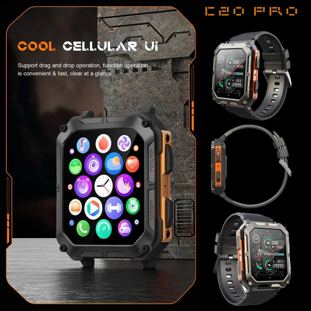 TUTT C20-Pro Men Military Rugged SmartWatch Speaker Pedometer IP68 Waterproof Outdoor 1.83'' HD Tactical Watch