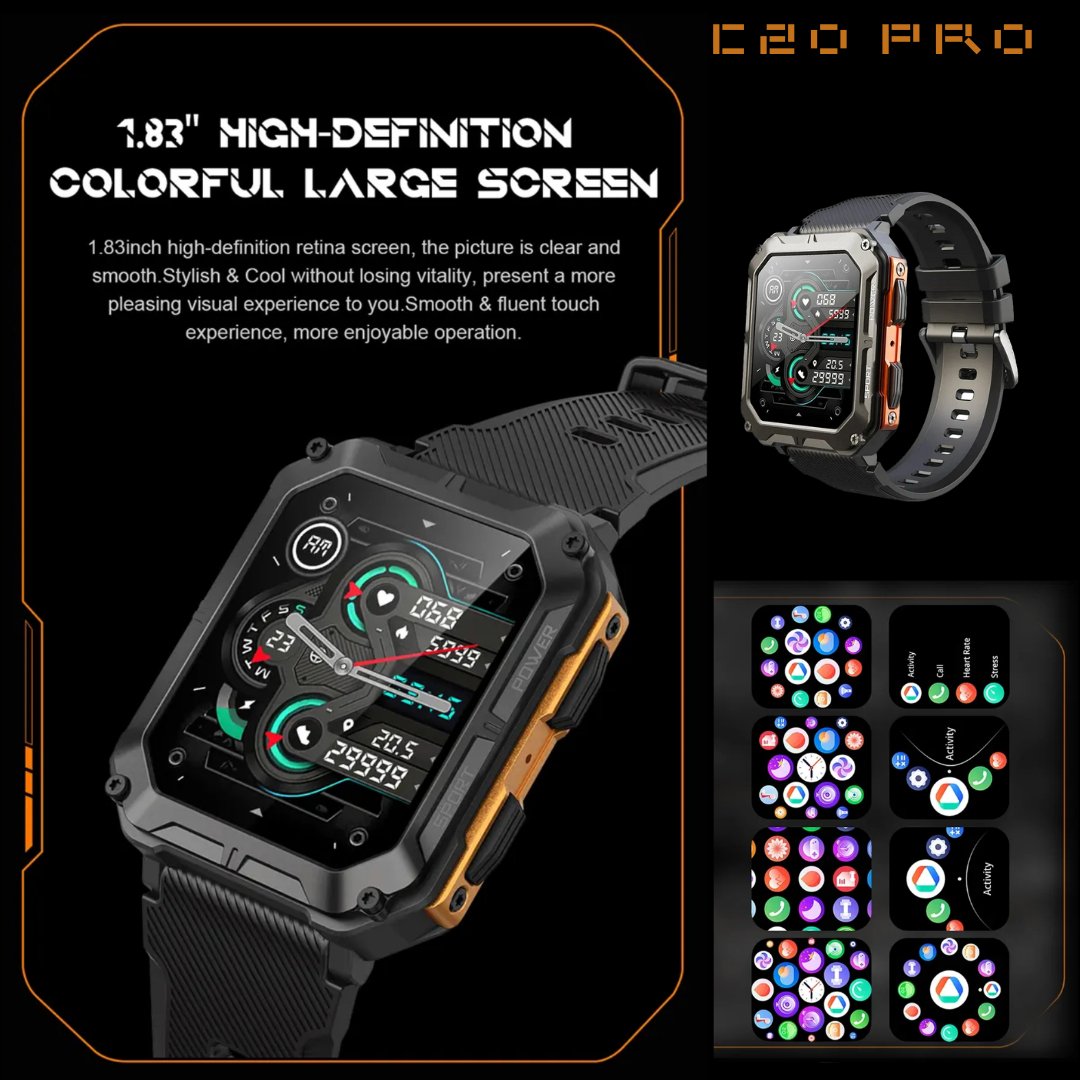 TUTT C20-Pro Men Military Rugged SmartWatch Speaker Pedometer IP68 Waterproof Outdoor 1.83'' HD Tactical Watch