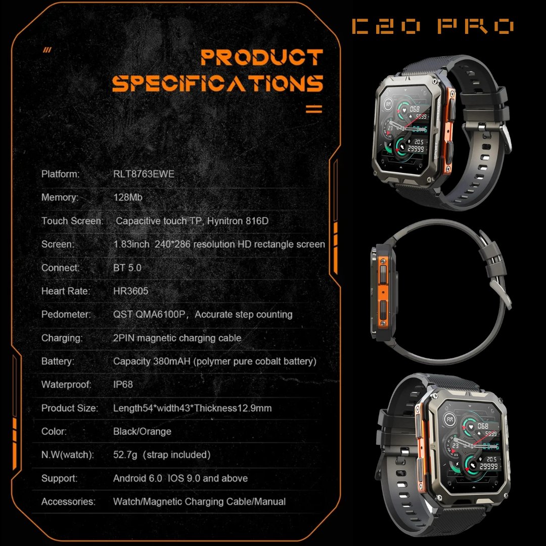 TUTT C20-Pro Men Military Rugged SmartWatch Speaker Pedometer IP68 Waterproof Outdoor 1.83'' HD Tactical Watch