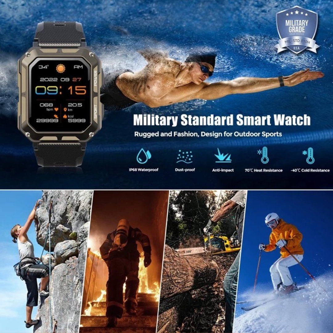 TUTT C20-Pro Men Military Rugged SmartWatch Speaker Pedometer IP68 Waterproof Outdoor 1.83'' HD Tactical Watch