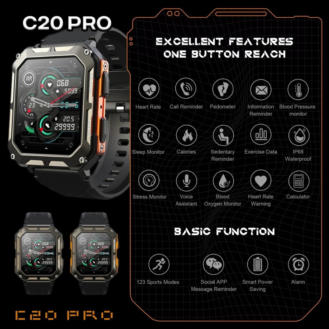 TUTT C20-Pro Men Military Rugged SmartWatch Speaker Pedometer IP68 Waterproof Outdoor 1.83'' HD Tactical Watch