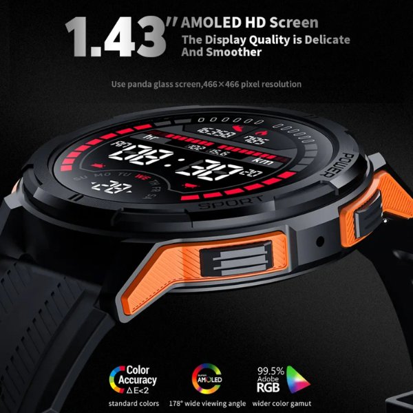 TUTT C25 Military Rugged AMOLED screen 1.43” Smart Watch 1 ATM 10 Meter Depth | Cold & Hot Temperature