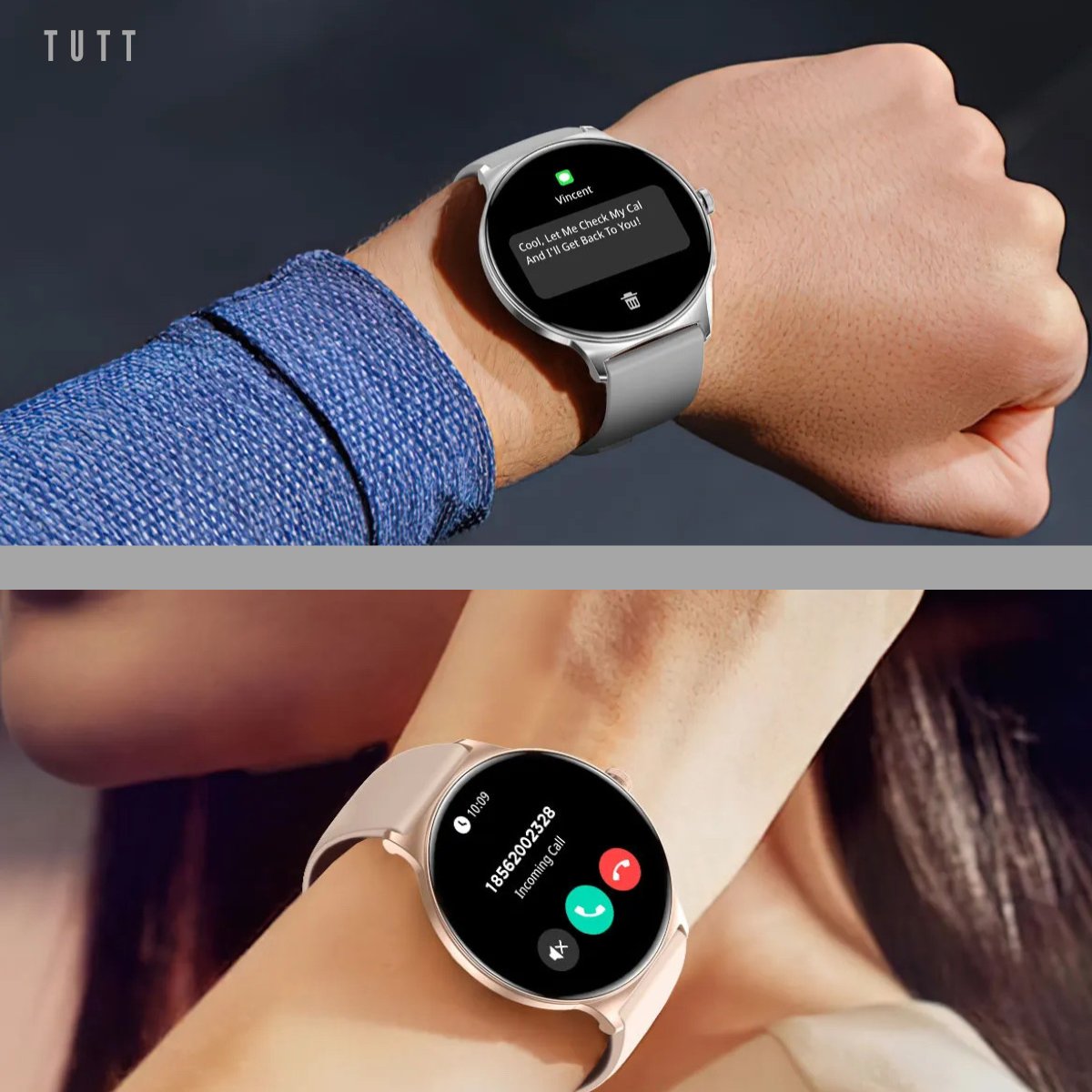 TUTT Classic 1.43 Ultra Thin Frame Always on Display Smart Watch for Men Women Fitness Health Tracker V89 Pro Two Straps Steel Rubber Smartwatch Android iOS TUTT