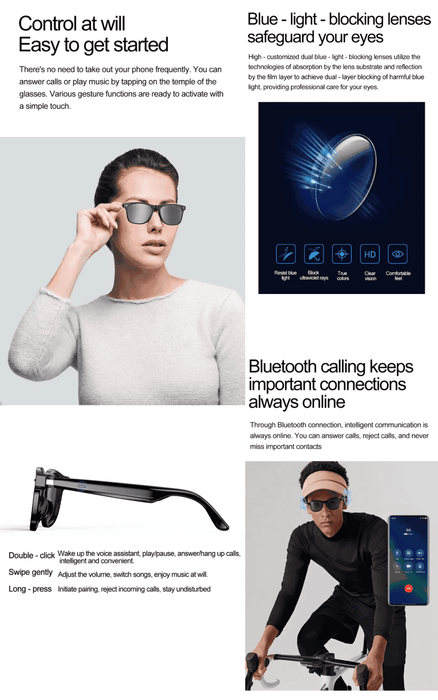 TUTT E8 Smart Bluetooth Sunglasses | AI Voice Assistance Call & Music | HD UV Protection | Anti-Blue Ray - TUTT