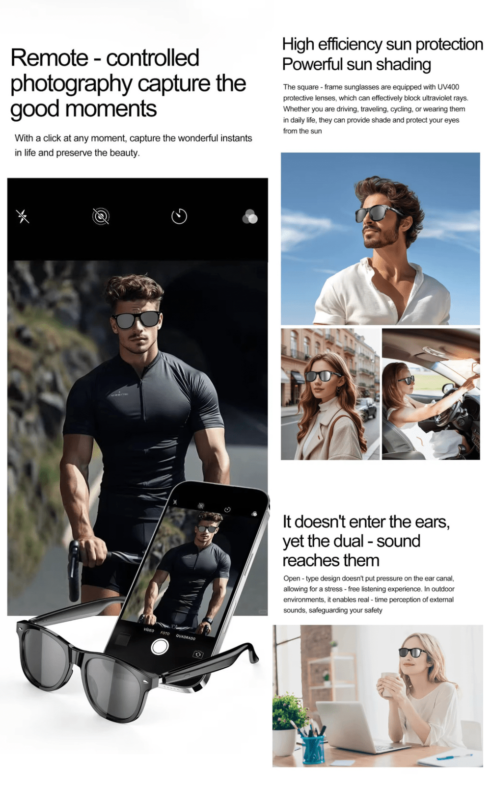 TUTT E8 Smart Bluetooth Sunglasses | AI Voice Assistance Call & Music | HD UV Protection | Anti - Blue Ray - TUTT